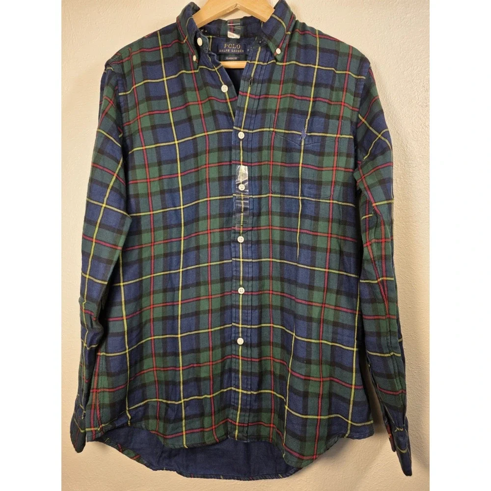 Polo Ralph Lauren Classic Fit Blue Green Plaid Button-Up Long Sleeve Mens Medium